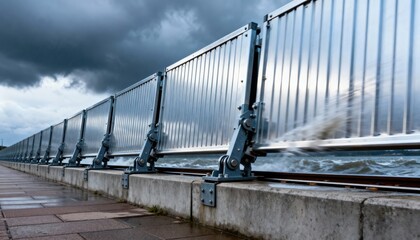 Retractable flood defense panels smoothly sliding into place along a waterfront promenade before storm surge
