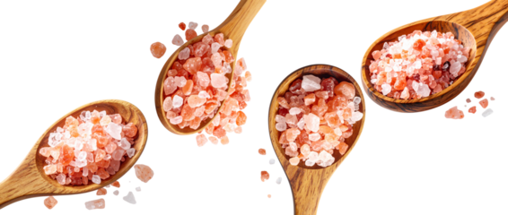 Wooden spoons with pink Himalayan salt, PNG isolated on transparent background, natural spa composition, realistic 4K macro photo