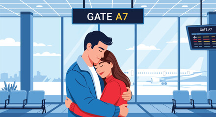 Flat vector of couple embracing goodbye at airport gate, emotional farewell moment representing long-distance love and hope