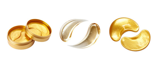 Gold hydrogel eye patches, PNG isolated on transparent background, skincare product composition, luxury beauty concept, 4K realistic photo