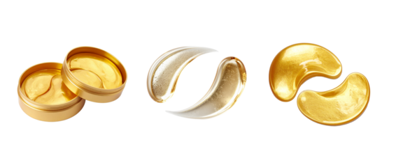 Gold hydrogel eye patches, PNG isolated on transparent background, skincare product composition, luxury beauty concept, 4K realistic photo