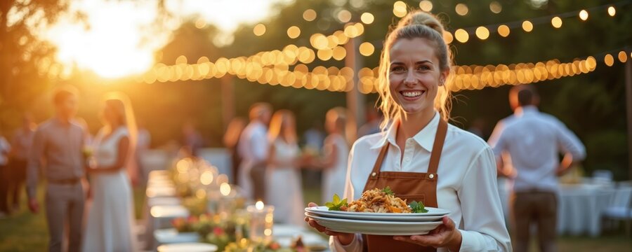 Smiling waitress serves delicious food at outdoor wedding reception. Guests celebrate marriage, enjoy event with string lights glowing at sunset. Food presentation with fresh garnishes on plates.