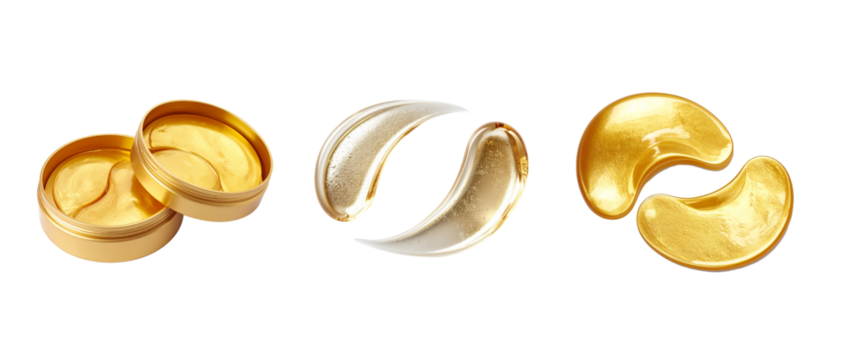 Gold hydrogel eye patches, PNG isolated on transparent background, skincare product composition, luxury beauty concept, 4K realistic photo