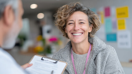 Smiling woman in cozy sweater engaging in conversation