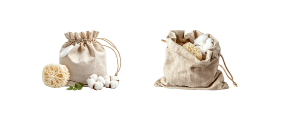 Natural cotton spa pouch with bath sponge, PNG isolated on transparent background, eco wellness composition, realistic 4K