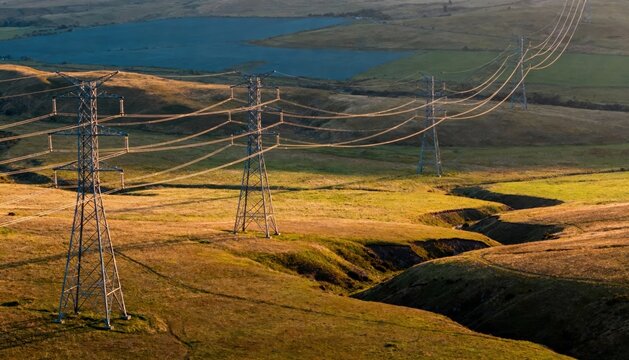 Medium shot showing power pylons connected by HVDC lines stretching across varied terrain to minimize energy loss