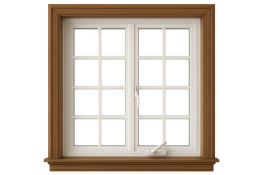 Wooden window frame with white casement and mullions