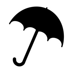 Vector art of open black umbrella, a classic symbol of rain protection, featuring a curved handle and a rounded canopy, offering shelter from the elements