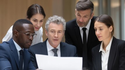 Fototapeta premium Group of Diverse Business Professionals Collaborating in a Modern Office Setting While Reviewing Important Documents Together for a Successful Project Outcome