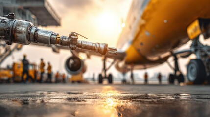 Fototapeta premium Medium shot of cargo plane fueling process with clear focus on fuel nozzle and meter while the background warehouse and ground crew appear softly blurred.