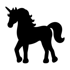 Vector art of silhouette of a majestic unicorn standing gracefully, , showcasing its mythical charm and elegant form in a striking contrast
