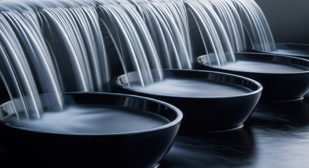 Water cascading into three dark basins creating a serene spa atmosphere