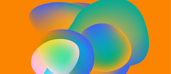 Abstract colorful blobs overlap orange background. Smooth gradients create vibrant visual effect. Modern design element.