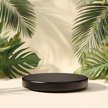 A sleek black display pod is surrounded by vibrant green tropical plants creating an inviting scene perfect for showcasing products