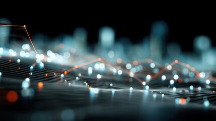 Abstract visualization of digital data waves with glowing lights representing technology and communication in a futuristic cityscape background