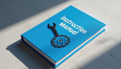 Blue instruction manual book cover shows wrench, gear icon. Essential user guide provides important info for setting up, using, fixing tech devices. Offers clear steps for effective product support,