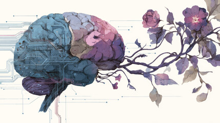 Human brain merging with floral branches and neural circuits representing organoid intelligence, biological computing, and harmony of technology with nature in elegant watercolor style.