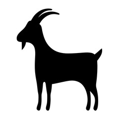 Vector art of silhouette of a goat standing on a, showcasing its curved horns, beard, and short tail