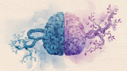 Split brain illustration blending neural circuits and organic branches symbolizing organoid intelligence, human creativity, and biotechnology evolution in detailed watercolor pastel composition.