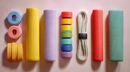 Colorful Fitness Equipment for Home Gym Setup Including Yoga Mats, Resistance Bands, Foam Rollers and Accessories in Various Shades and Textures