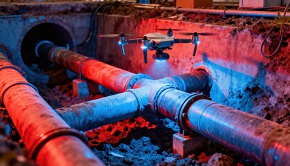 Thermal imaging pipe inspection drones scanning underground pipes revealing temperature variations indicating leaks and blockages in medium shot.