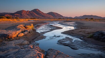 A tranquil river flows through a stunning desert landscape as the sun sets behind majestic mountains creating a warm glow