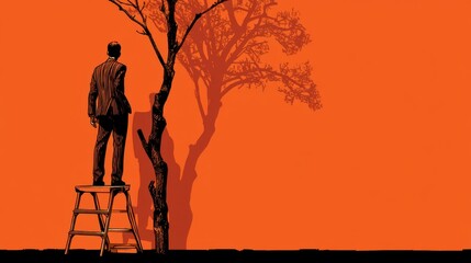 Person in Suit on Ladder Painting Shadowed Tree on Bright Orange Wall with Artistic Flair and Creative Vision in Conceptual Illustration