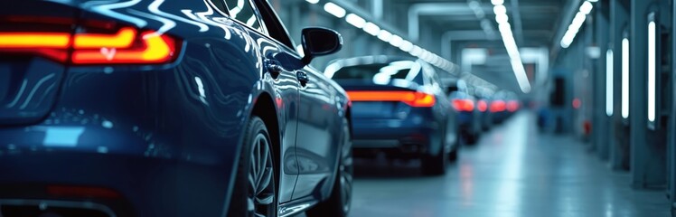 Naklejka premium Automobile factory interior presents row of blue cars on assembly line. Vehicles ready for delivery to showroom. Focus on auto backlights tail lamp. Car manufacturing technological innovations in