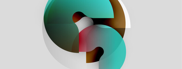 Abstract shapes overlap, creating dynamic composition. Teal, brown, gray hues dominate neutral background. Modern design element.