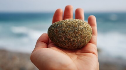 Close-up of a single smooth stone in a person's hand against a serene ocean backdrop, showcasing nature's beauty and tranquility by the shoreline