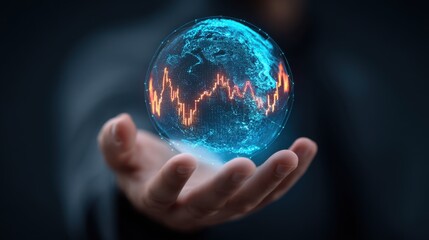 Human hand holding a glowing globe with data charts symbolizing global finance and market trends, representing technology and innovation in finance
