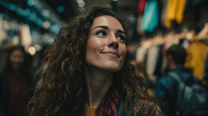 Fototapeta premium A woman with curly hair smiles happily while shopping in a bustling store filled with vibrant clothing