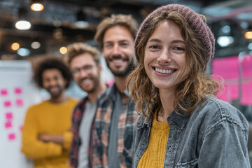 Fototapeta premium Smiling woman in modern office with team