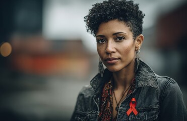 Woman wearing red ribbon for aids hiv awareness