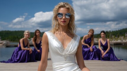 A stunning bride wears a beautiful wedding dress while standing in front of her bridesmaids, each dressed elegantly. The outdoor setting by the water enhances this joyful marriage moment
