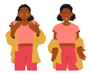 Young woman cartoon character actively performing controlled deep breathing self-care technique