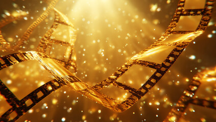 Film strips on a golden background with light rays and stars.