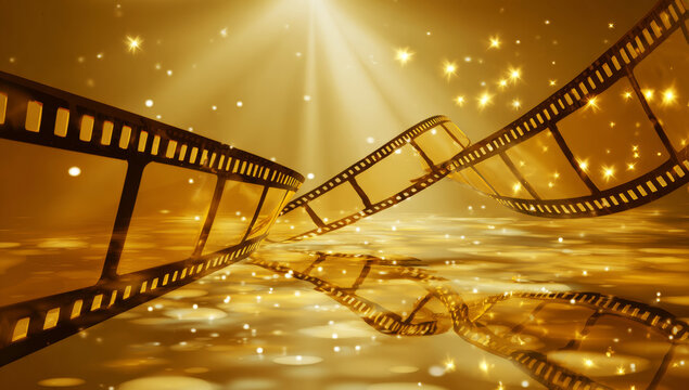 Film strips on a golden background with light rays and stars.