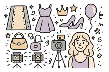 Catwalk Doodle Icons. Catwalk doodle icon set: hand drawn icons of runway, dress, high heels, bag, crown, star, balloon, lights,