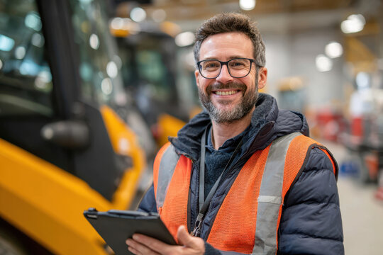 Smiling man with tablet in truck garage