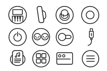 Digital Keyboard Icons. Line style round icons of digital keyboard features: LCD screen, pitch bend wheel, modulation knob, preset
