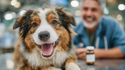 Happy dog with owner in veterinary clinic