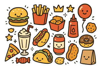 Fast Food Doodle Icons. Fast food doodle icon set: hand drawn icons of burger with smile, fries, milkshake, nuggets, hotdog, soda