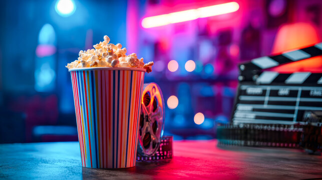 A colorful, striped bucket of popcorn stands on the table, set against a background of cinematic elements.