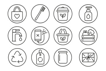Eco-Friendly Icons. Line style round icons of eco-friendly practices: reusable bag, bamboo toothbrush, compost bin, refill bottle;