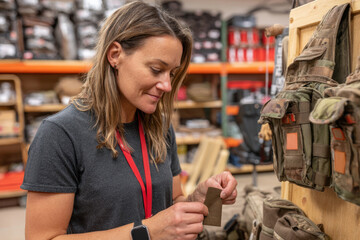 Woman examining fabric in tactical gear store