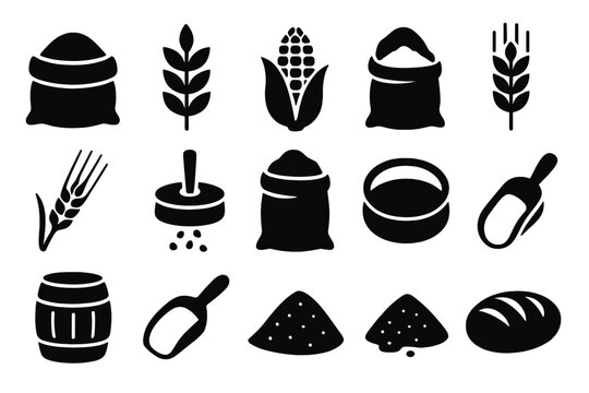 Grain Icon Set. Solid style icons of Grain Processing: grain sack, wheat stalk, corn cob, barley bundle, rye stalk, millstone