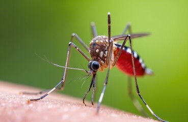 Fototapeta premium Close up photo of mosquito feeding on human skin. Insect is sucking blood. Macro shot showcases mosquito mouthparts in action. Scientific image reveals potential visual of tropical diseases.