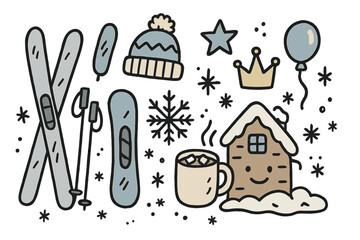 Winter Travel Icons. Winter travel doodle icon set: hand drawn icons of skis, snowboard, hat, crown, star, balloon, cocoa,