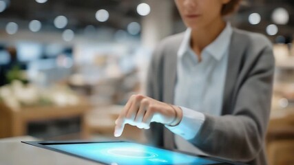 Futuristic digital retail checkout experience with holographic product scanning and AI-powered payment system, symbolizing advanced consumer technology, automation, and next-generation shopping - Powered by Adobe